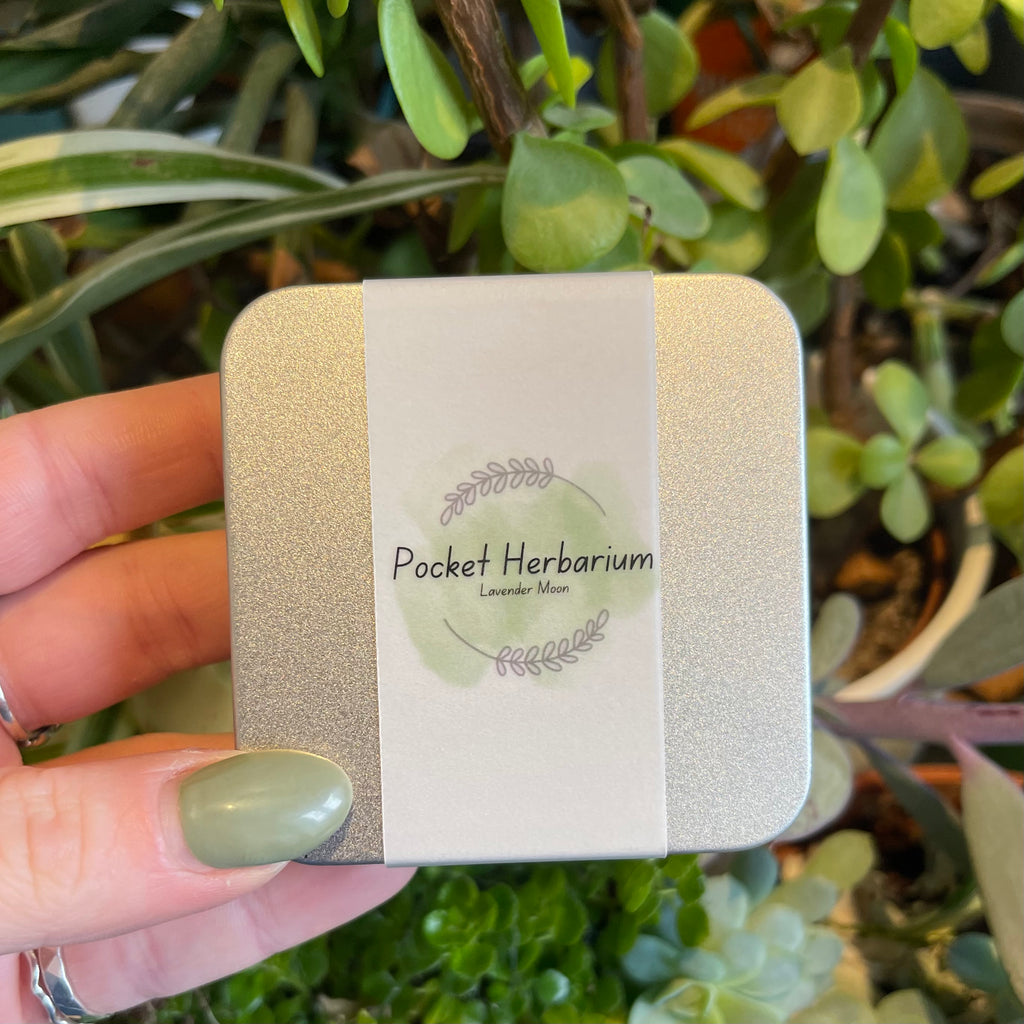 A pocket herbarium tin. A closed metal tin with a paper wrap.